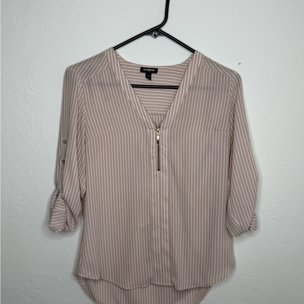 Express Women's Blouse with Zipper - Cream and White Stripes